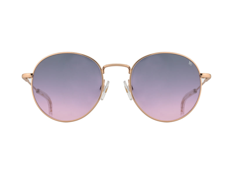 Front view of rose gold American Optical AO-1002 round sunglasses with non-polarised pink gradient nylon lens