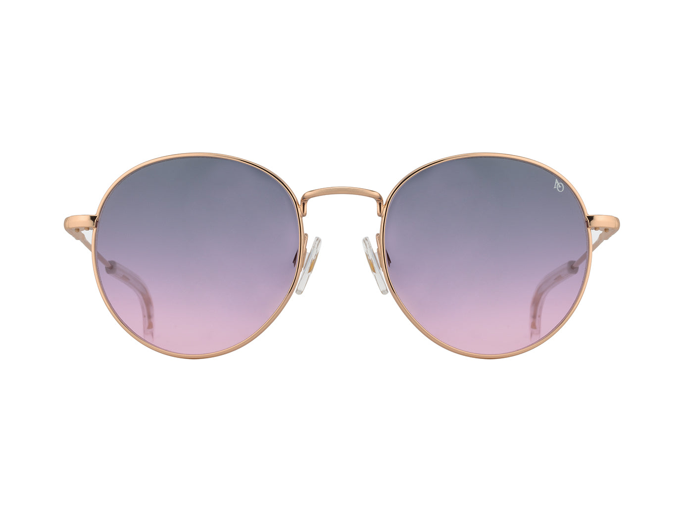 Front view of rose gold American Optical AO-1002 round sunglasses with polarised pink gradient nylon lens