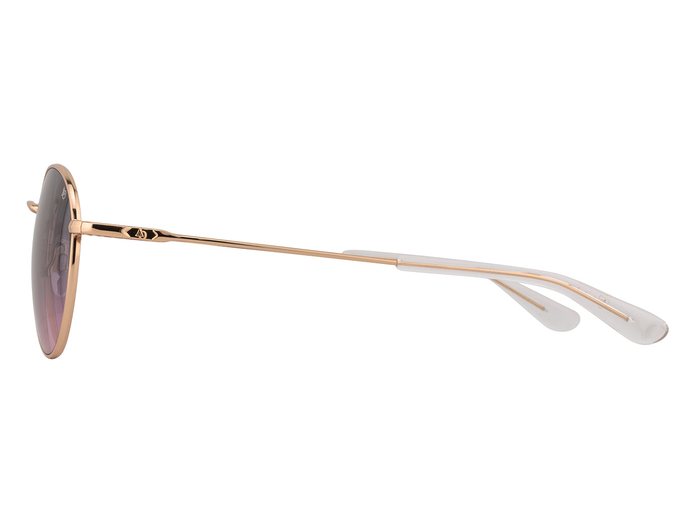 Side view of rose gold American Optical AO-1002 round sunglasses with polarised pink gradient nylon lens