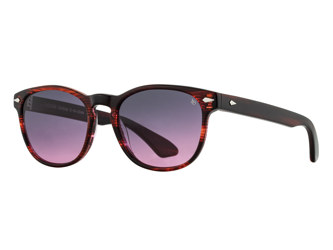 Front angle view of cardinal American Optical AO-1004 acetate sunglasses with non-polarised pink gradient nylon lens