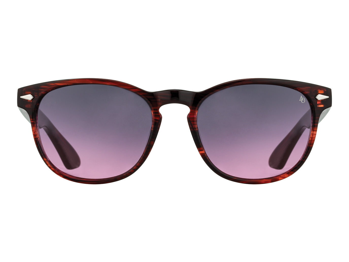 Front view of cardinal American Optical AO-1004 acetate sunglasses with non-polarised pink gradient nylon lens