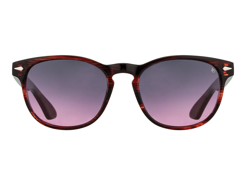 Front view of cardinal American Optical AO-1004 acetate sunglasses with non-polarised pink gradient nylon lens