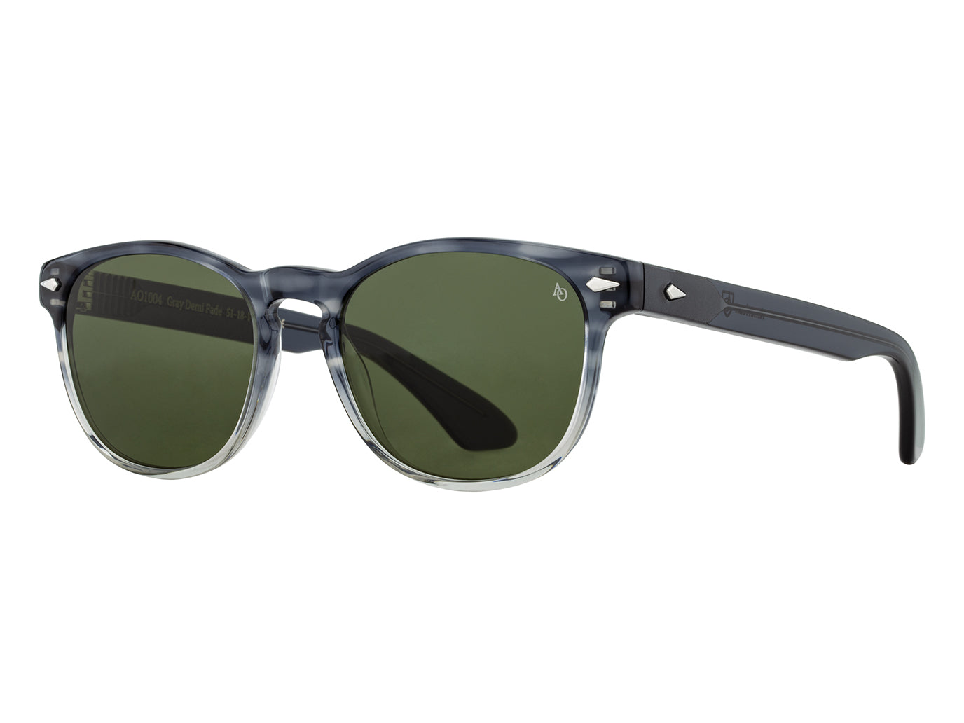 Front angle view of grey demi fade American Optical AO-1004 acetate sunglasses with non-polarised green nylon lens