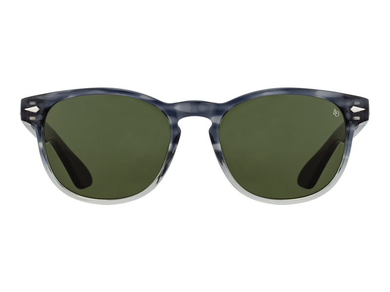 Front view of grey demi fade American Optical AO-1004 acetate sunglasses with non-polarised green nylon lens