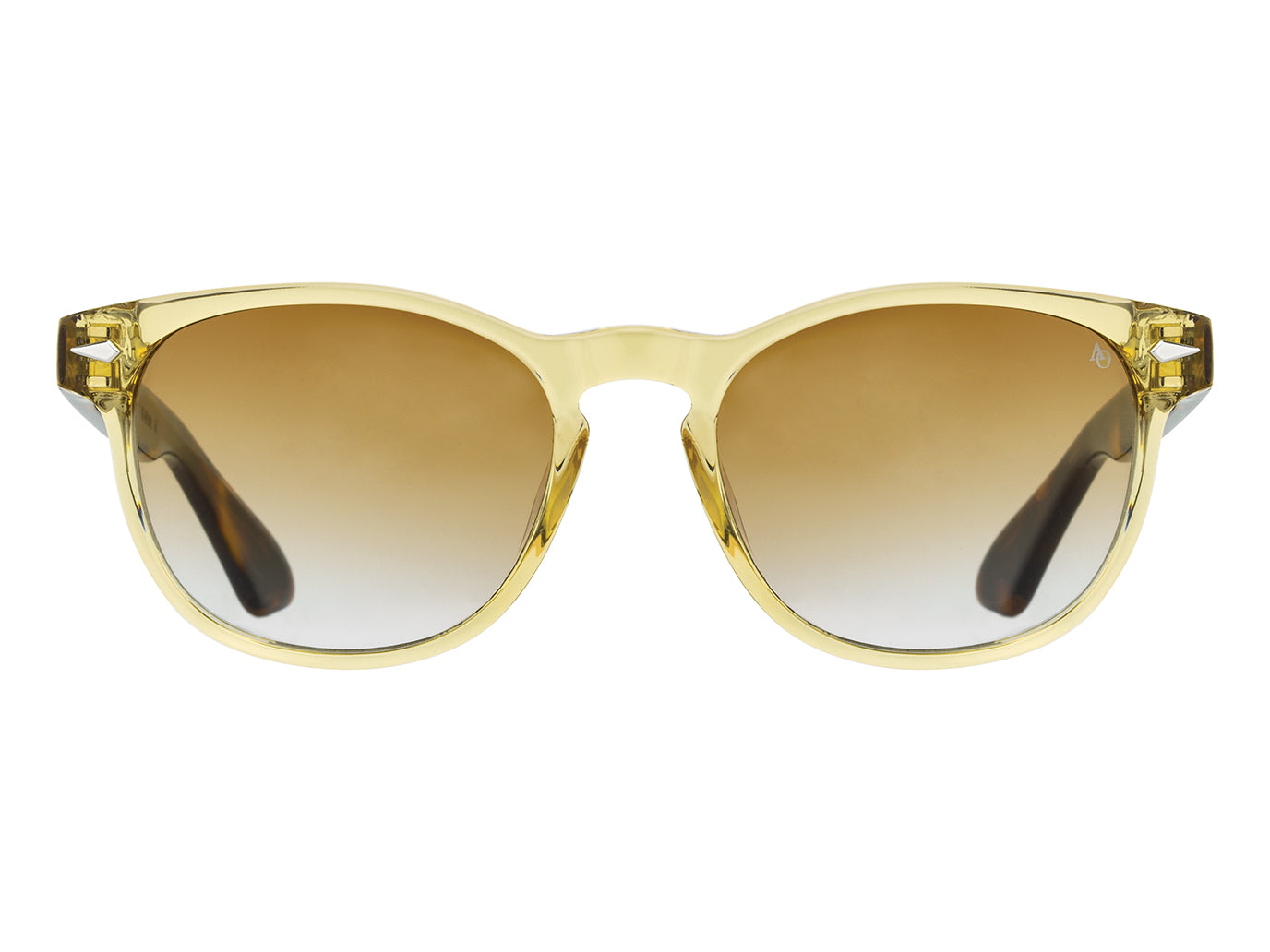 Front view of yellow crystal and tortoise American Optical AO-1004 acetate sunglasses with non-polarised brown gradient nylon lens