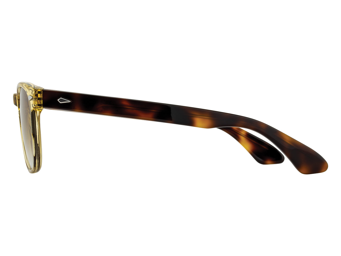 Side view of yellow crystal and tortoise American Optical AO-1004 acetate sunglasses with non-polarised brown gradient nylon lens