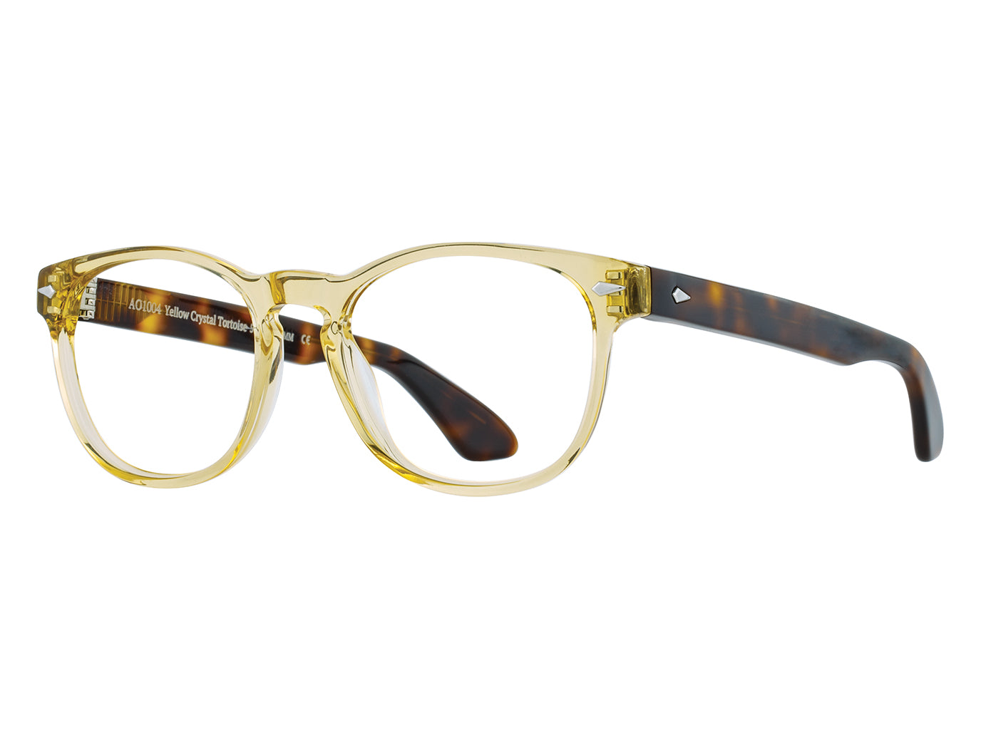 Front angle view of yellow crystal and tortoise American Optical AO-1004 frame only acetate sunglasses