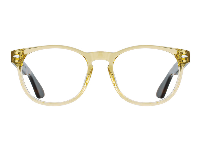 Front view of yellow crystal and tortoise American Optical AO-1004 frame only acetate sunglasses