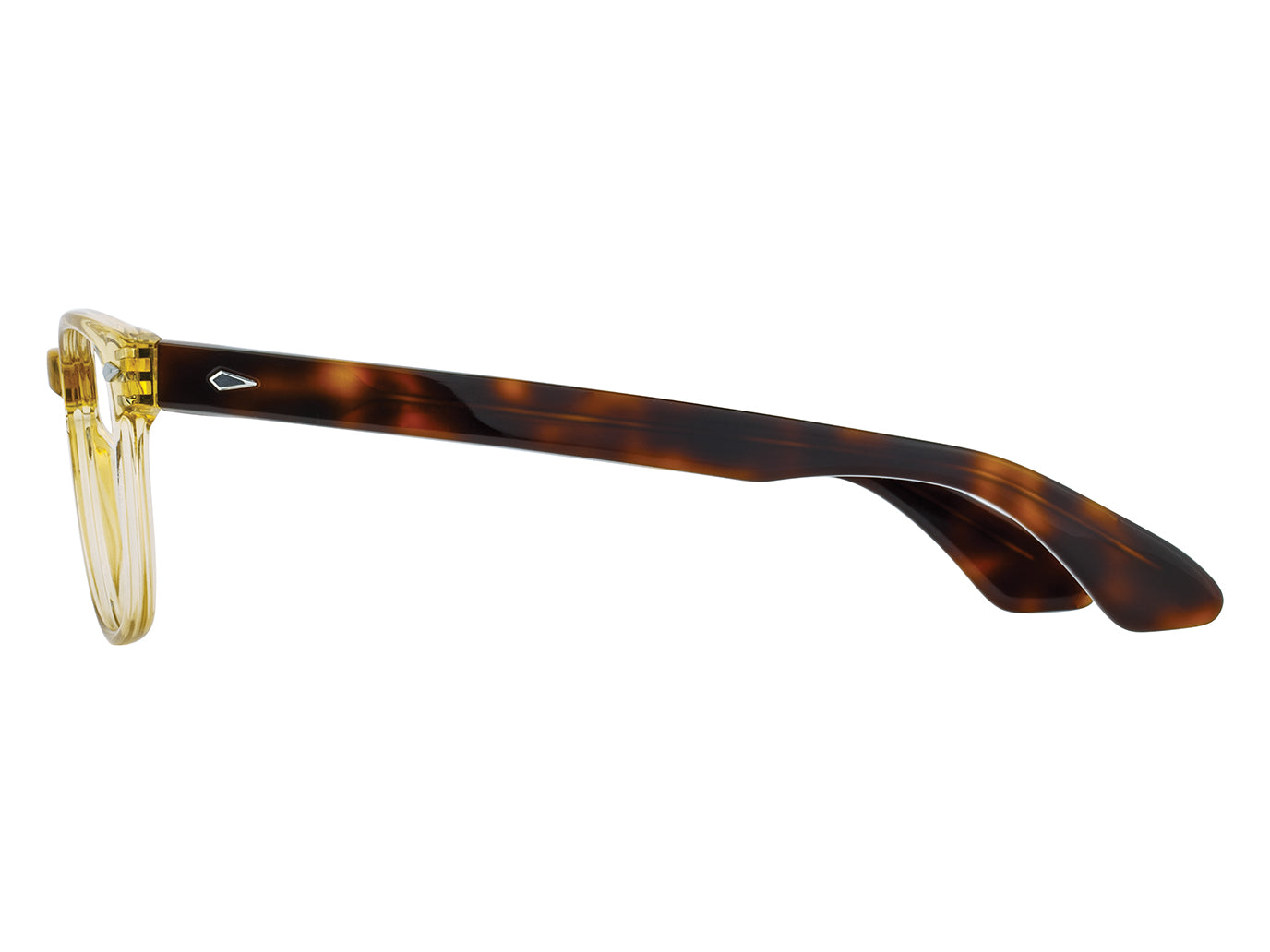 Side view of yellow crystal and tortoise American Optical AO-1004 frame only acetate sunglasses