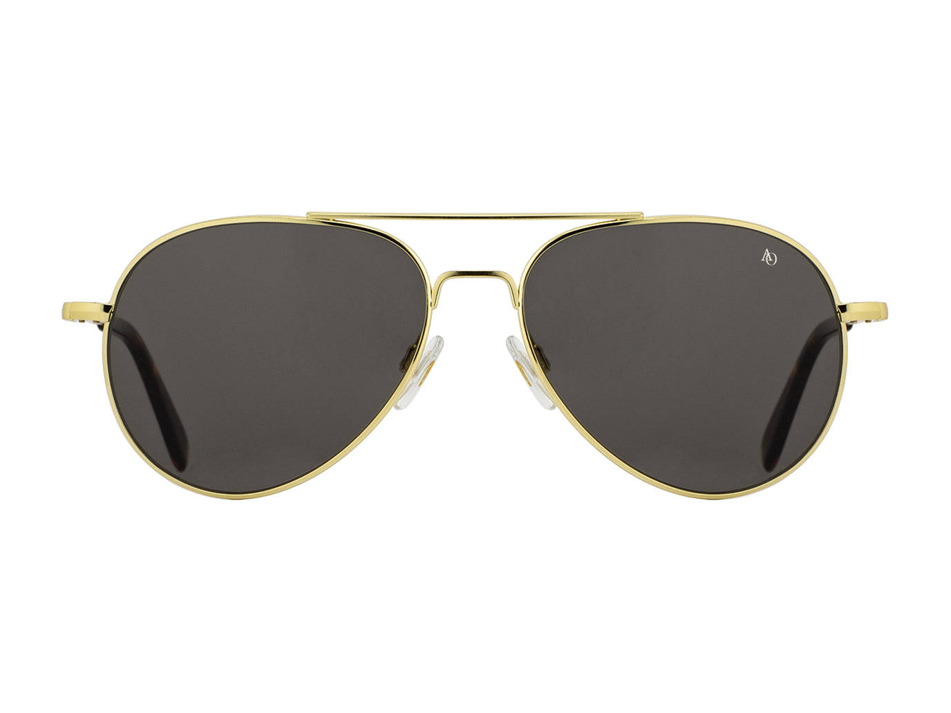 Front view of gold American Optical General teardrop aviator sunglasses with non-polarised grey glass lens