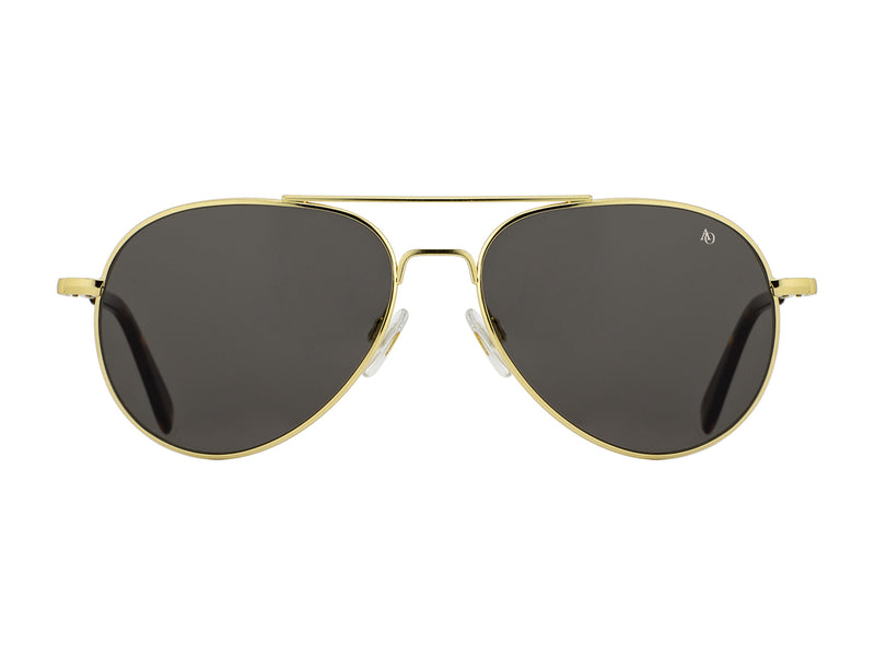 Front view of gold American Optical General teardrop aviator sunglasses with non-polarised grey glass lens