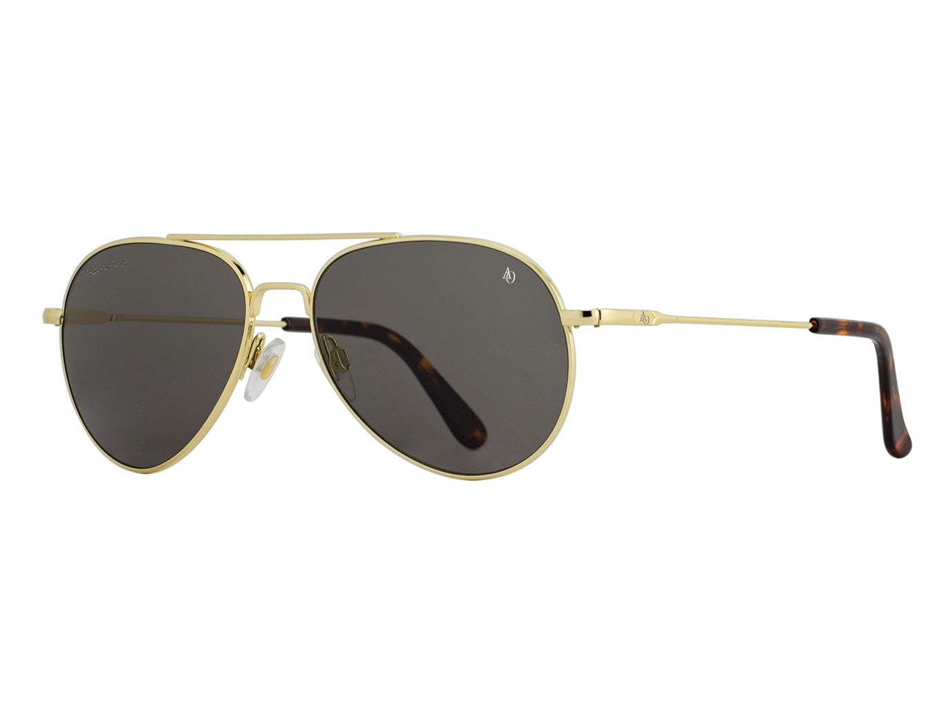 Front angle view of gold American Optical General teardrop aviator sunglasses with polarised grey glass lens