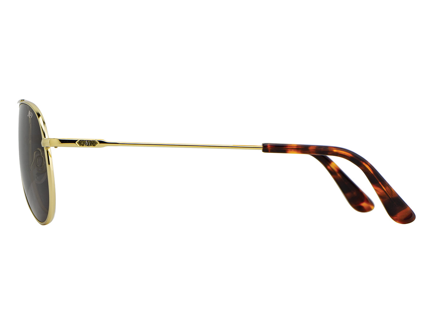 Side view of gold American Optical General teardrop aviator sunglasses with polarised grey glass lens