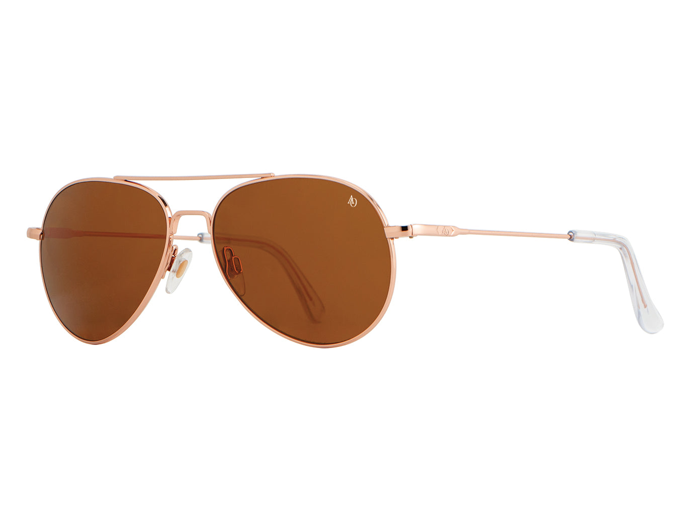 Front angle view of rose gold American Optical General teardrop aviator sunglasses with non-polarised brown glass lens