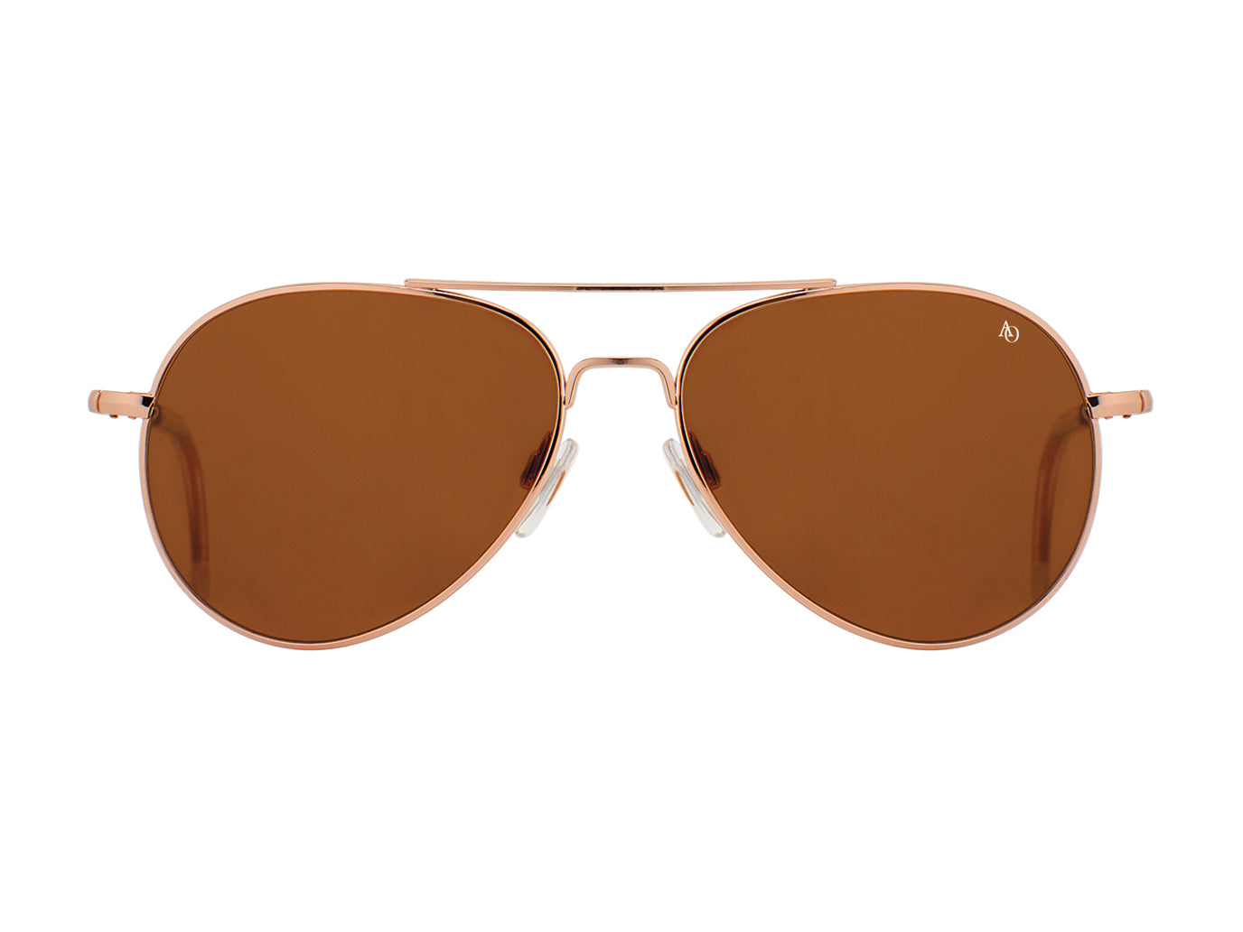 Front view of rose gold American Optical General teardrop aviator sunglasses with non-polarised brown glass lens