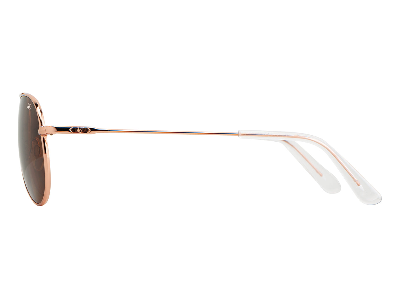 Side view of rose gold American Optical General teardrop aviator sunglasses with polarised brown glass lens