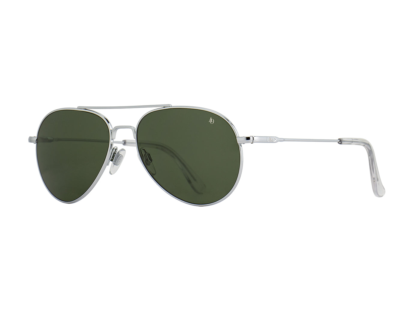 Front angle view of silver American Optical General teardrop aviator sunglasses with non-polarised green glass lens