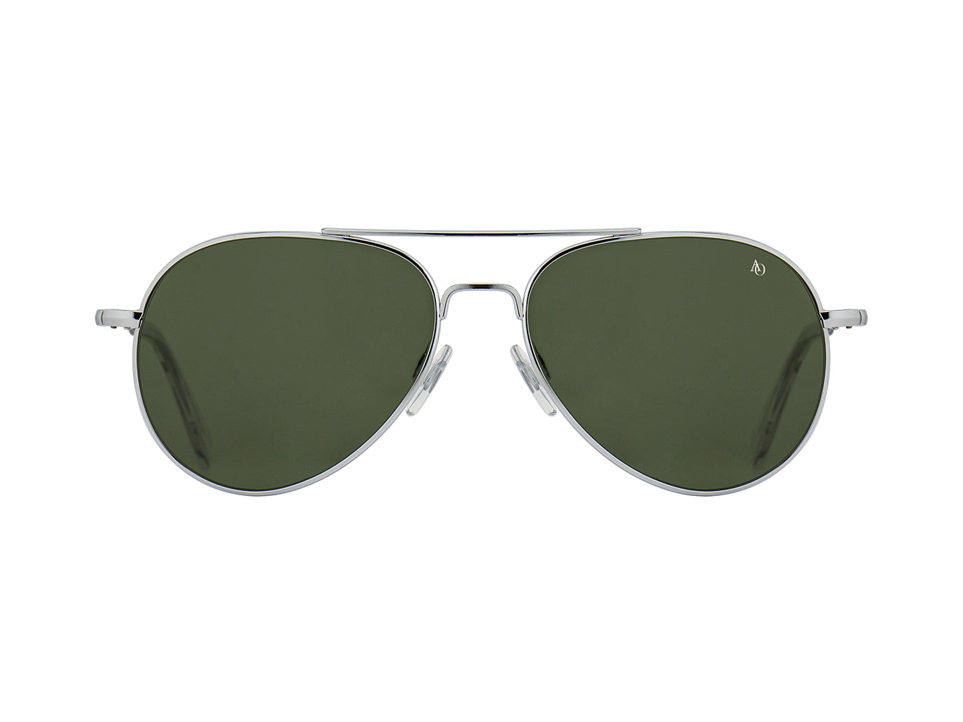 Front view of silver American Optical General teardrop aviator sunglasses with non-polarised green glass lens