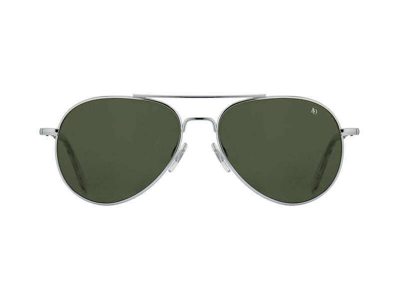 Front view of silver American Optical General teardrop aviator sunglasses with polarised green glass lens