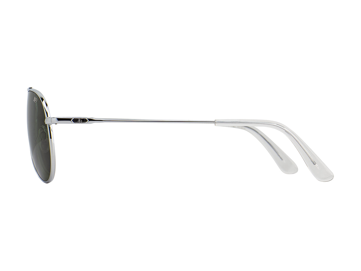 Side view of silver American Optical General teardrop aviator sunglasses with polarised green glass lens