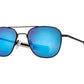 Front angle view of black American Optical Original Pilot navigator sunglasses with non-polarised blue mirror glass lens