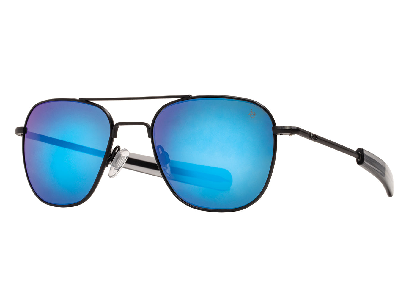 Front angle view of black American Optical Original Pilot navigator sunglasses with non-polarised blue mirror glass lens