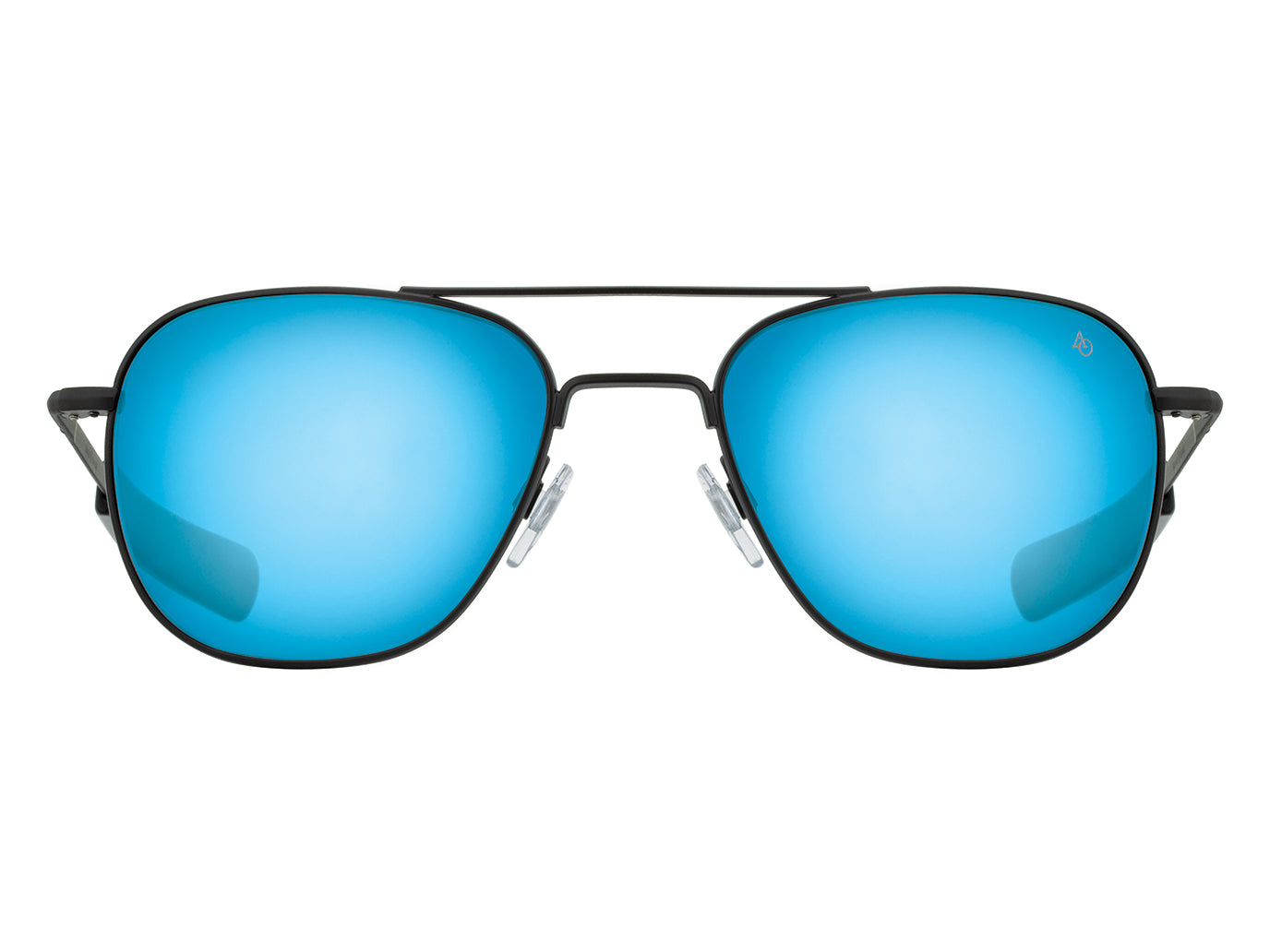 Front view of black American Optical Original Pilot navigator sunglasses with non-polarised blue mirror glass lens