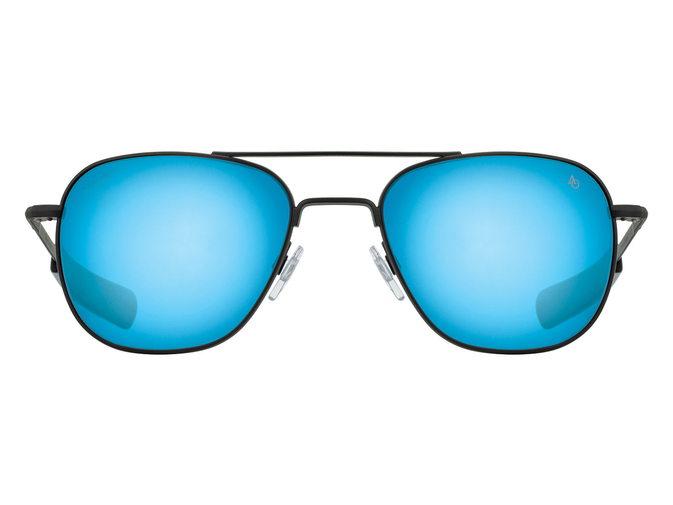 Front view of black American Optical Original Pilot navigator sunglasses with polarised blue mirror glass lens