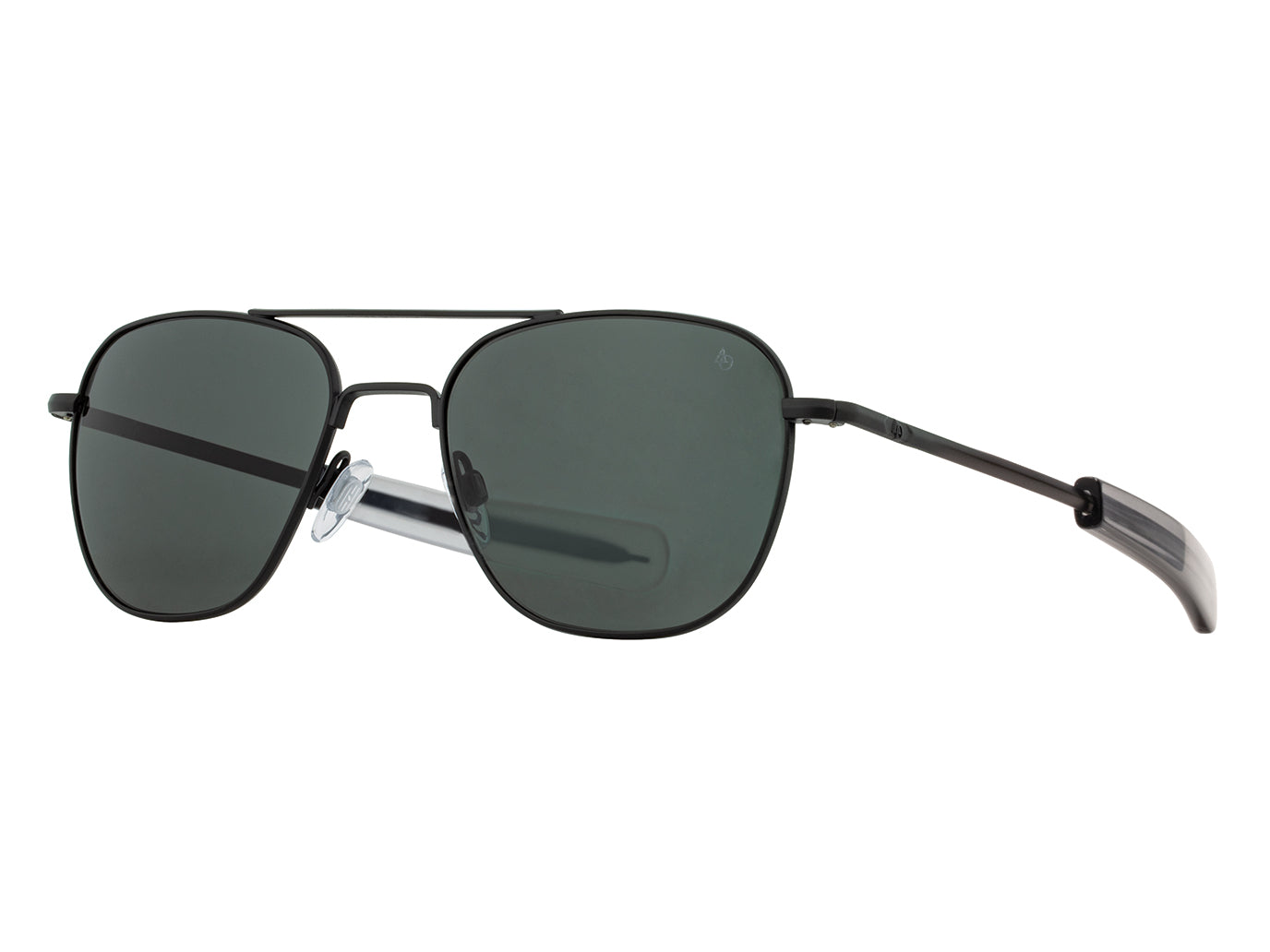 Front angle view of black American Optical Original Pilot navigator sunglasses with non-polarised grey glass lens