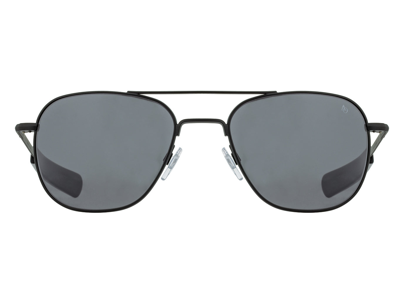 Front view of black American Optical Original Pilot navigator sunglasses with non-polarised grey glass lens