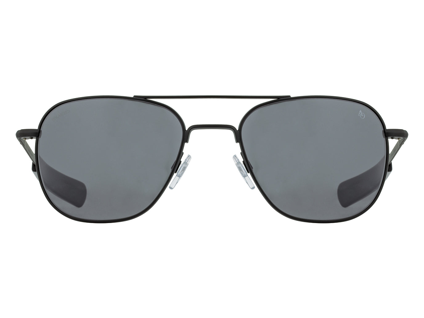 Front view of black American Optical Original Pilot navigator sunglasses with polarised grey glass lens