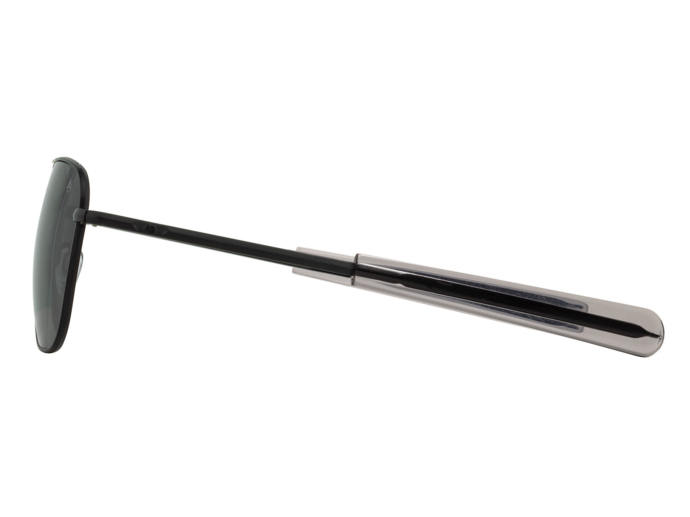 Side view of black American Optical Original Pilot navigator sunglasses with non-polarised grey glass lens