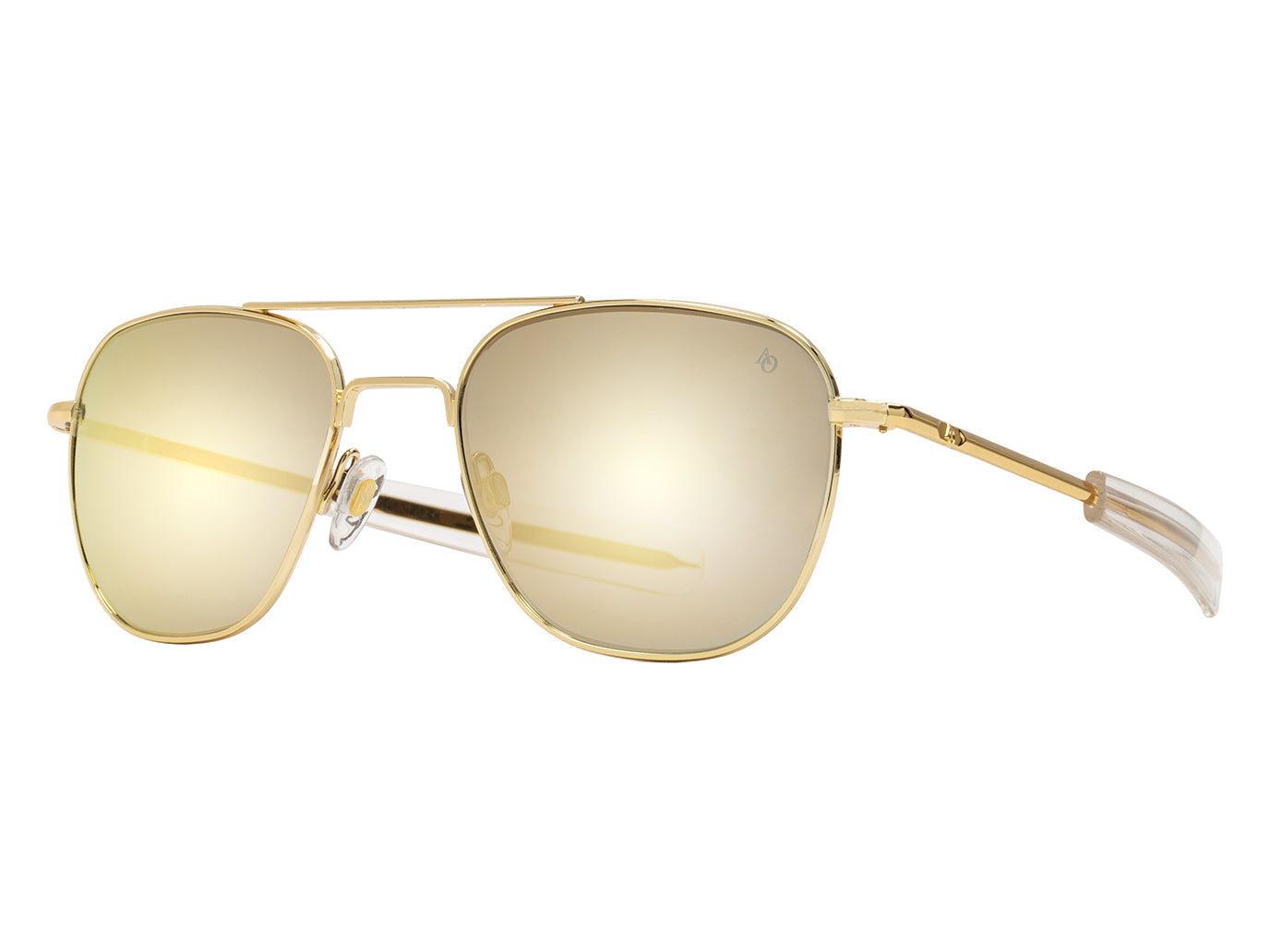 Front angle view of gold American Optical Original Pilot navigator sunglasses with non-polarised gold mirror glass lens