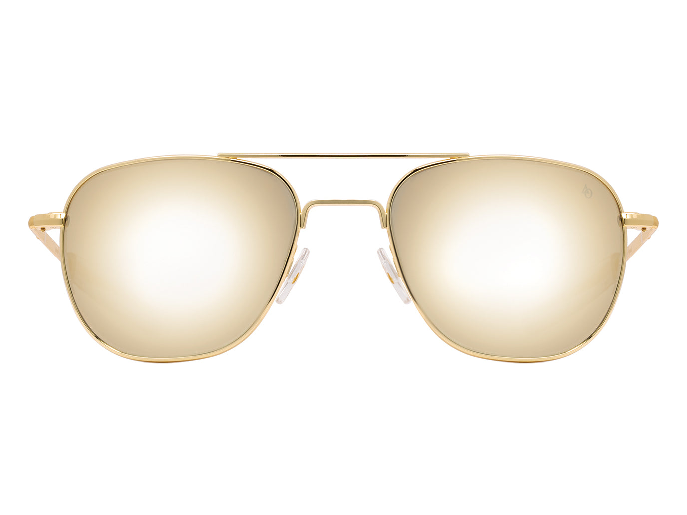 Front view of gold American Optical Original Pilot navigator sunglasses with non-polarised gold mirror glass lens