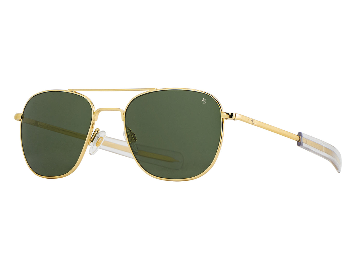 Front angle view of gold American Optical Original Pilot navigator sunglasses with non-polarised green glass lens