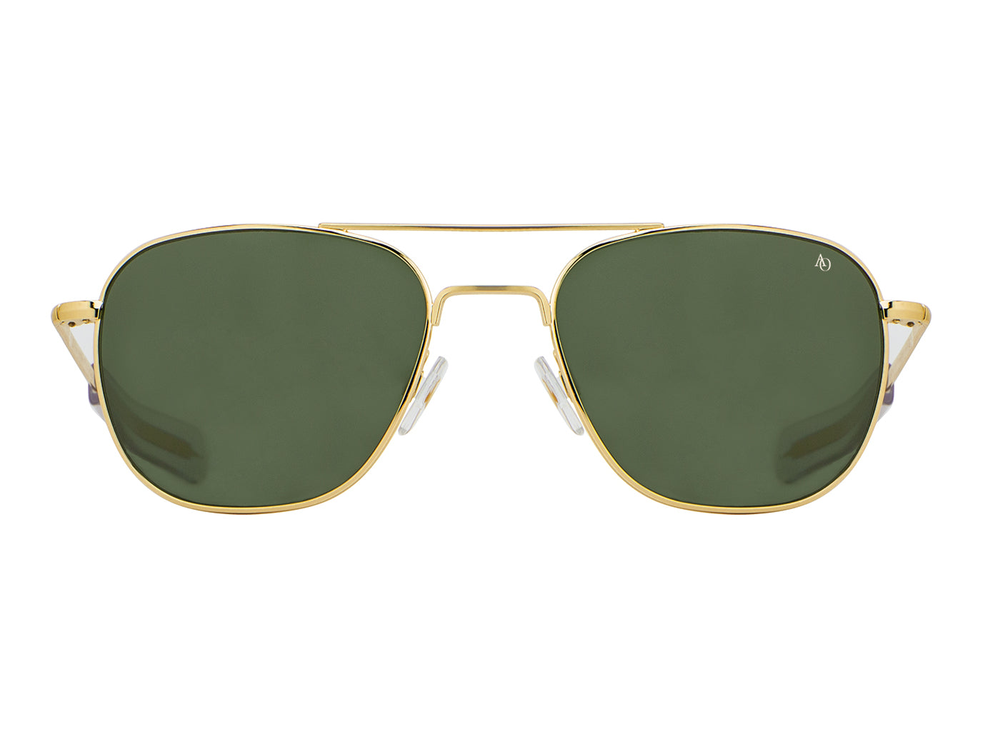 Front view of gold American Optical Original Pilot navigator sunglasses with non-polarised green glass lens