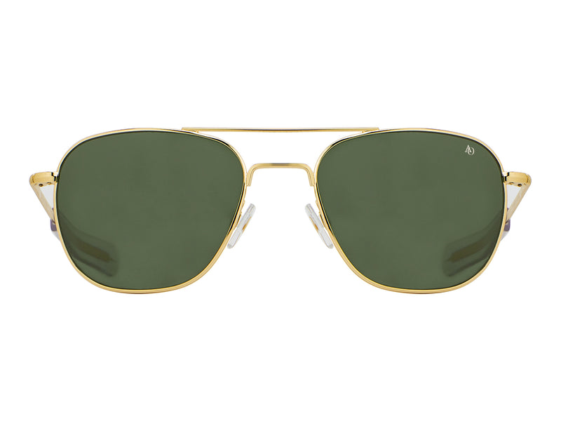 Front view of gold American Optical Original Pilot navigator sunglasses with non-polarised green glass lens