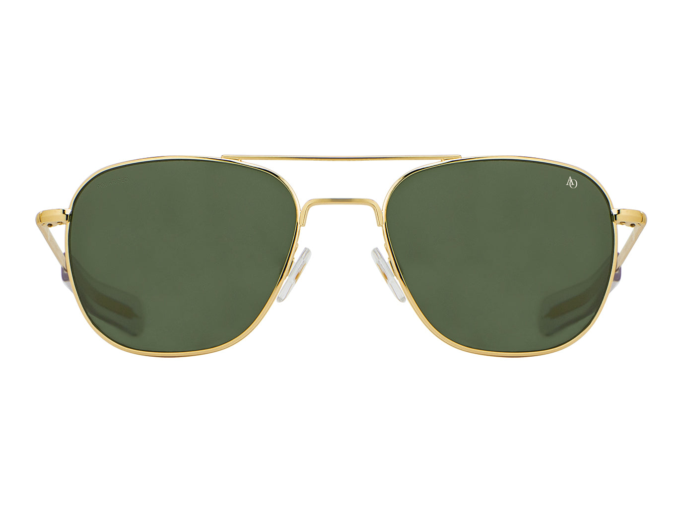 Front view of gold American Optical Original Pilot navigator sunglasses with polarised green glass lens