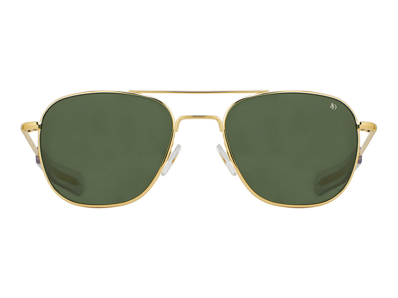 Front view of gold American Optical Original Pilot navigator sunglasses with polarised green glass lens