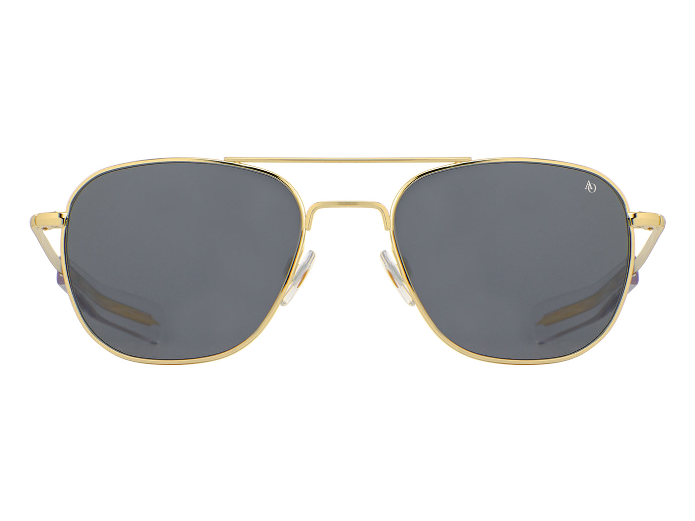 Front view of gold American Optical Original Pilot navigator sunglasses with non-polarised grey glass lens