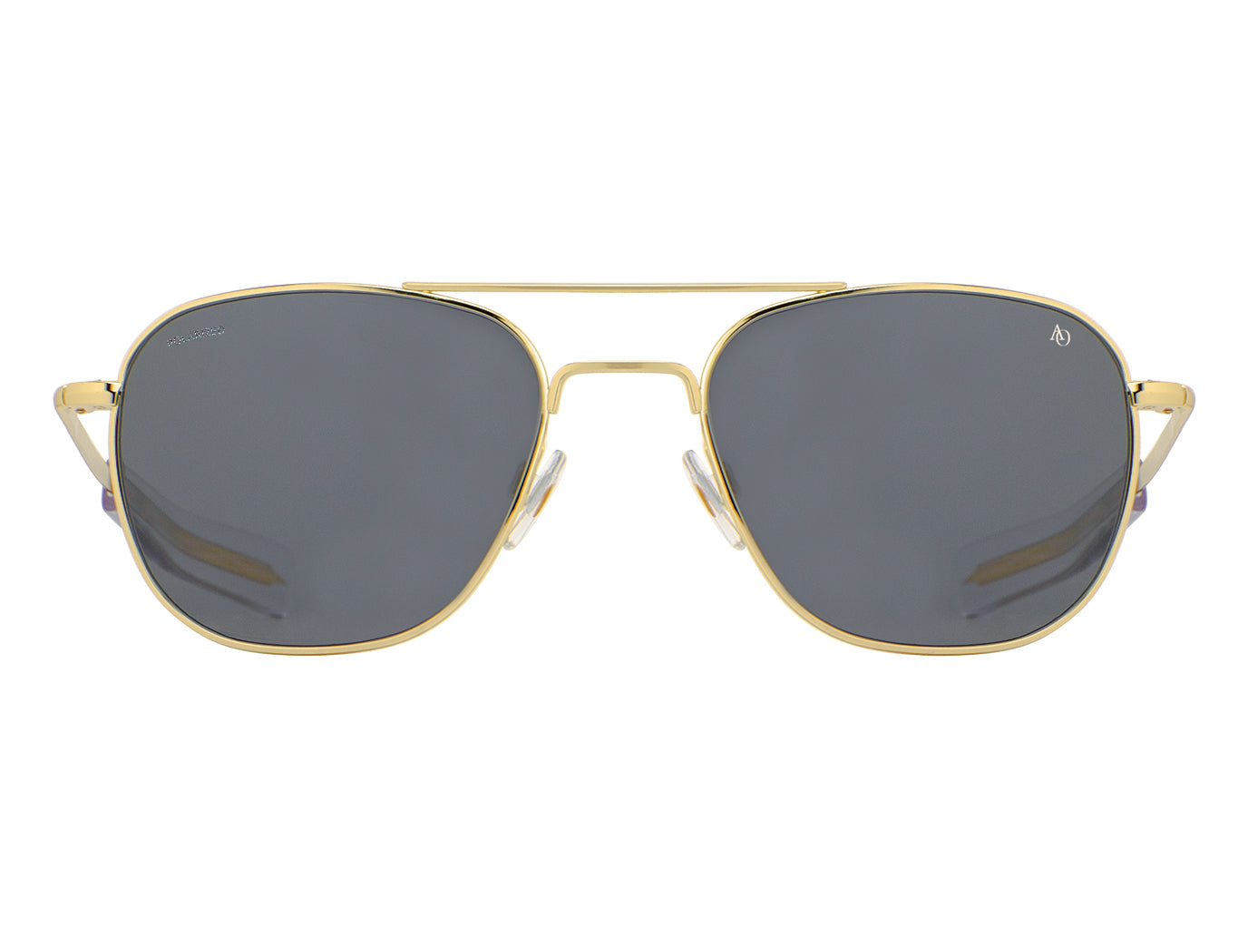 Front view of gold American Optical Original Pilot navigator sunglasses with polarised grey glass lens