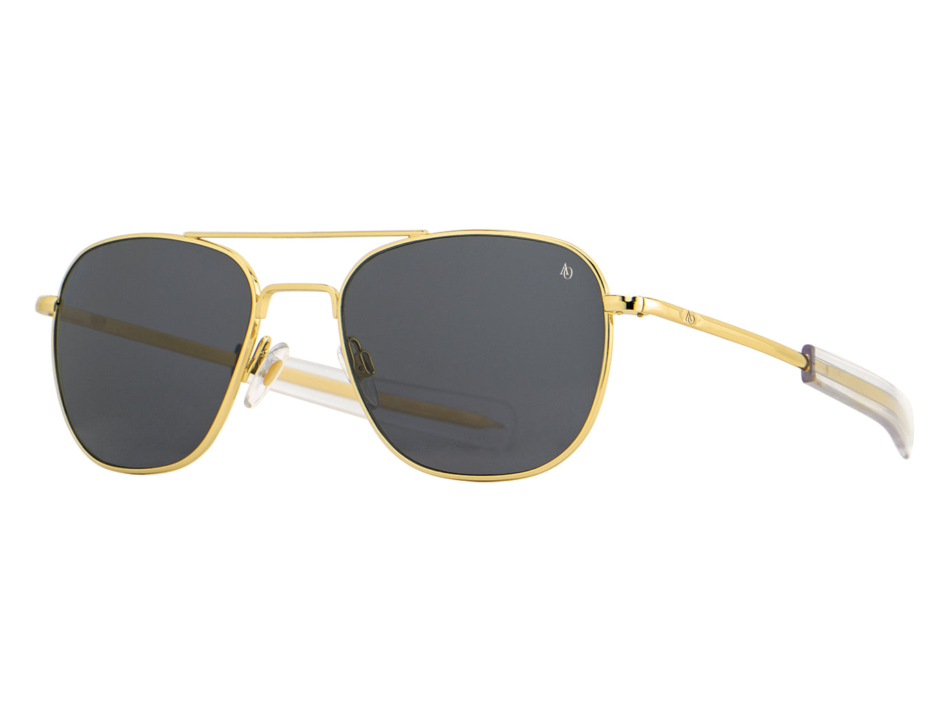 Front angle view of gold American Optical Original Pilot navigator sunglasses with non-polarised grey nylon lens