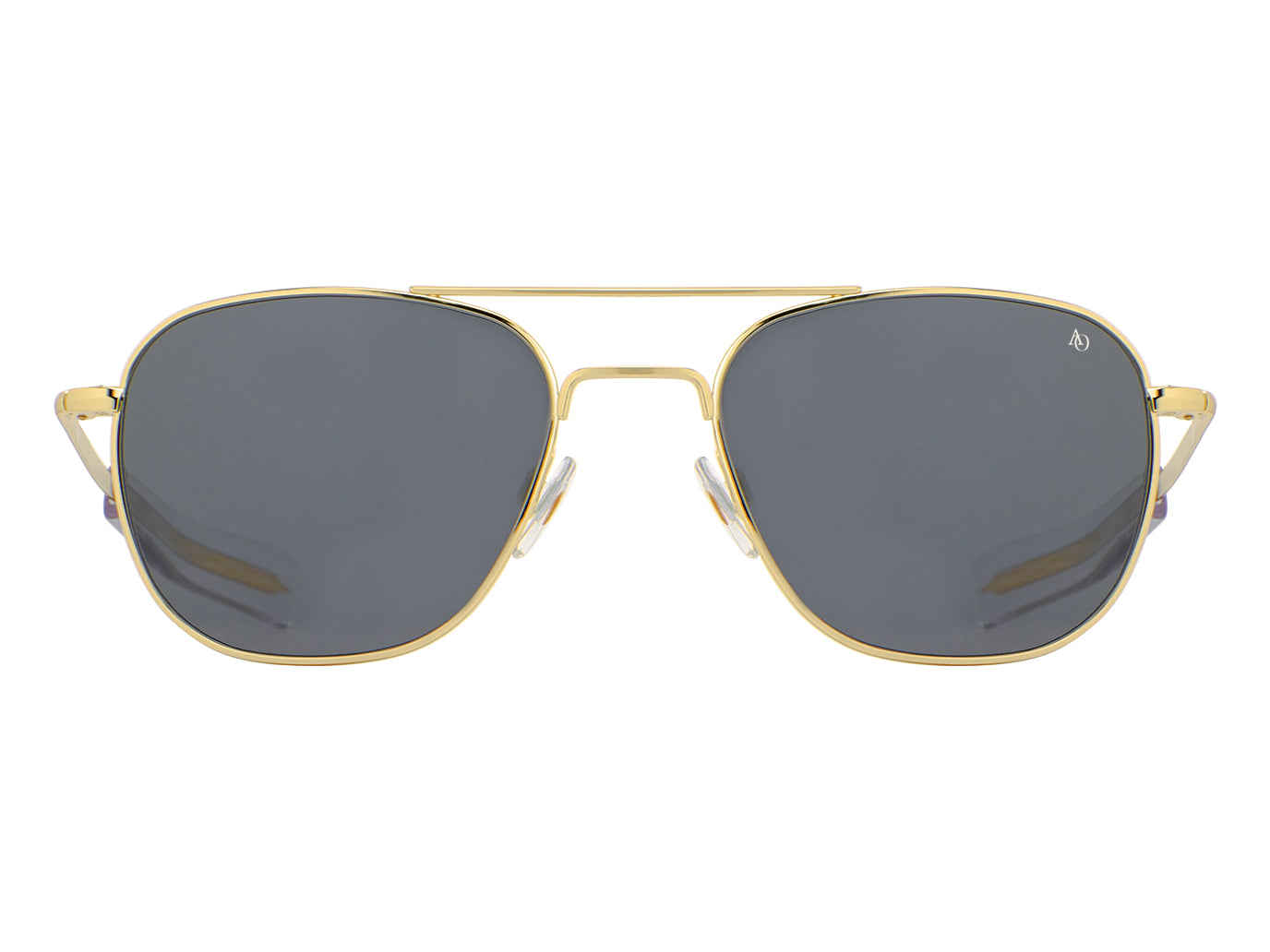 Front view of gold American Optical Original Pilot navigator sunglasses with non-polarised grey nylon lens