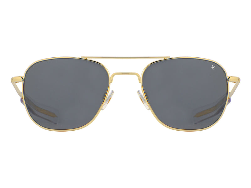 Front view of gold American Optical Original Pilot navigator sunglasses with non-polarised grey nylon lens