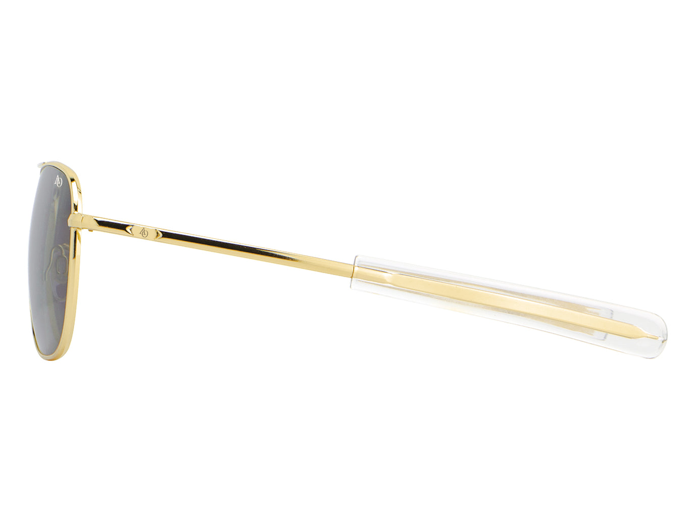 Side view of gold American Optical Original Pilot navigator sunglasses with non-polarised grey nylon lens