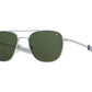 Front angle view of matte silver American Optical Original Pilot navigator sunglasses with non-polarised green glass lens