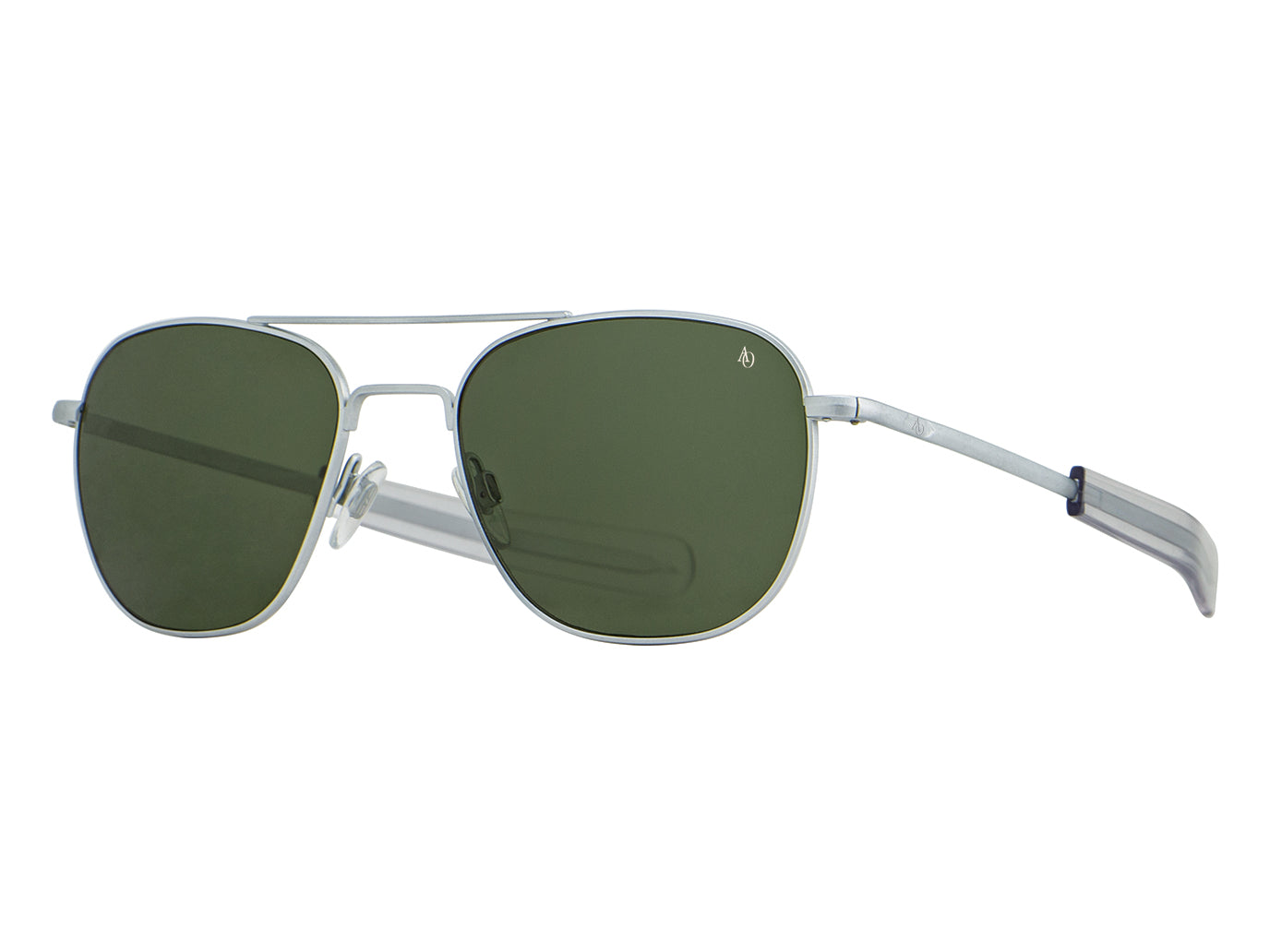 Front angle view of matte silver American Optical Original Pilot navigator sunglasses with non-polarised green glass lens