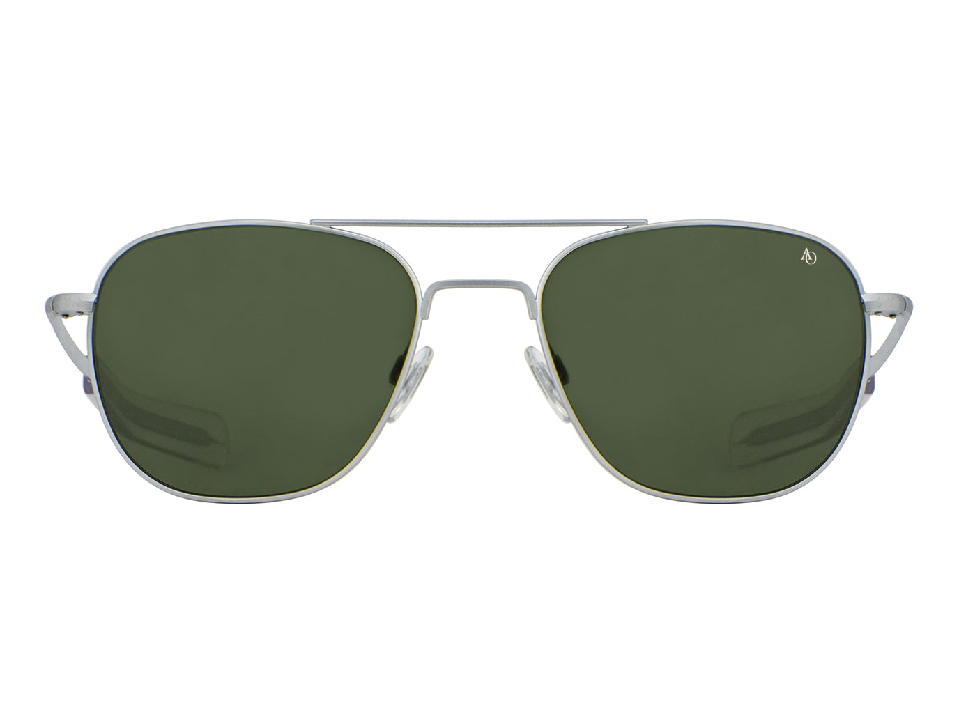 Front view of matte silver American Optical Original Pilot navigator sunglasses with non-polarised green glass lens