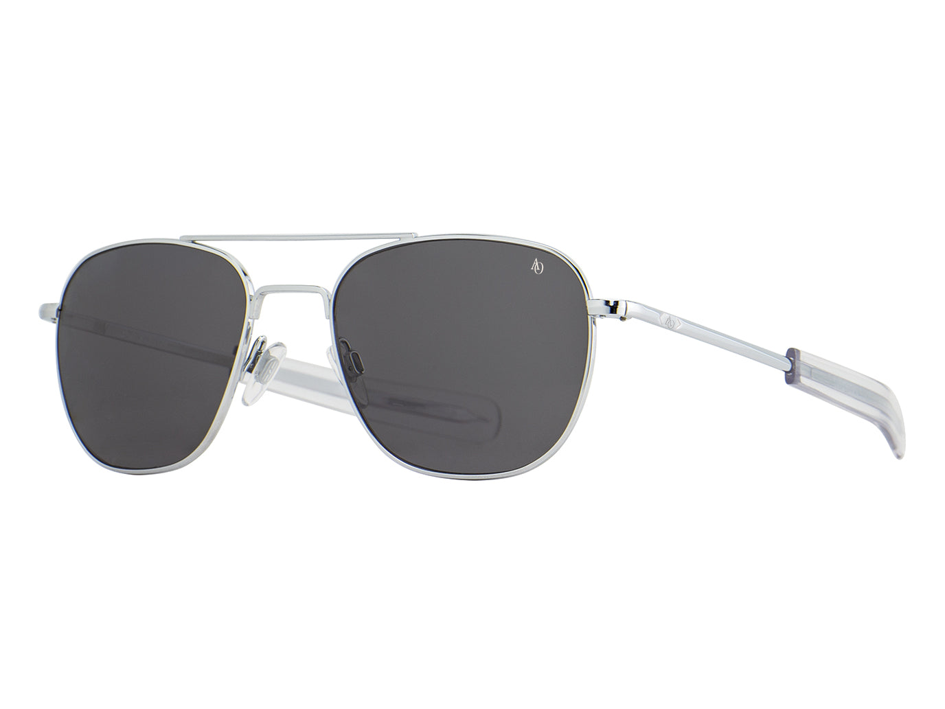 Front angle view of silver American Optical Original Pilot navigator sunglasses with non-polarised grey glass lens