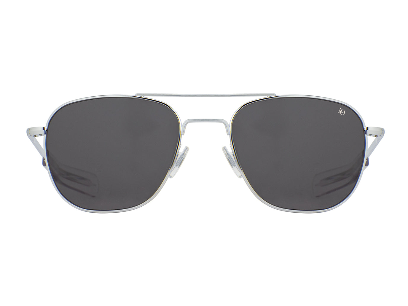 Front view of silver American Optical Original Pilot navigator sunglasses with non-polarised grey glass lens